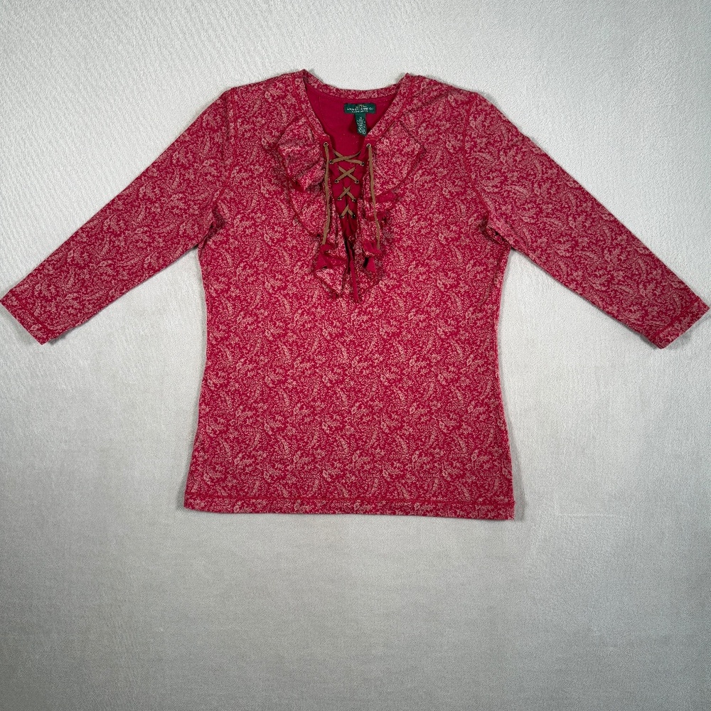 Ralph Lauren Top Womens Medium Red Paisley 3/4 Sleeve Ruffle Lace Up Southwest